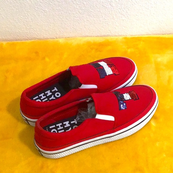 EUC. TOMMY HILFIGER Sequined Canvas Slip On Flat Sneaker Red - Picture 1 of 9